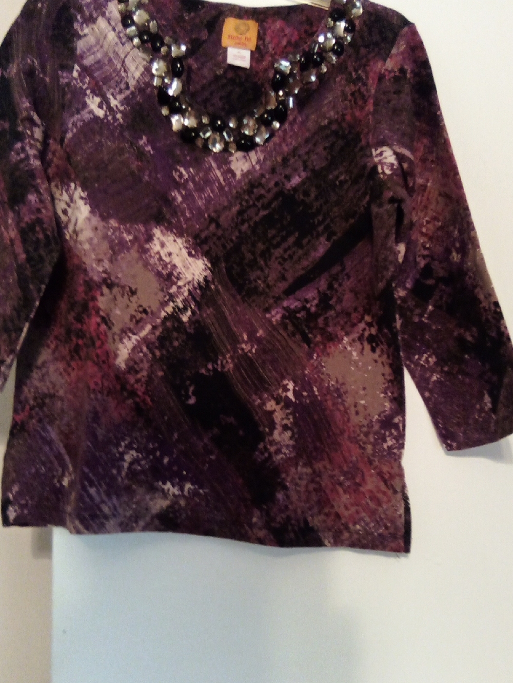 Ruby Rd. Abstract Jewel-Neck 3/4 Sleeve Top in Purple & Taupe